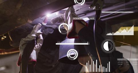 Female mechanic welding and cutting exhaust pipe under vehicle with HUD diagnostics
