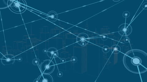 Digital Network Connections Across Abstract Cityscape