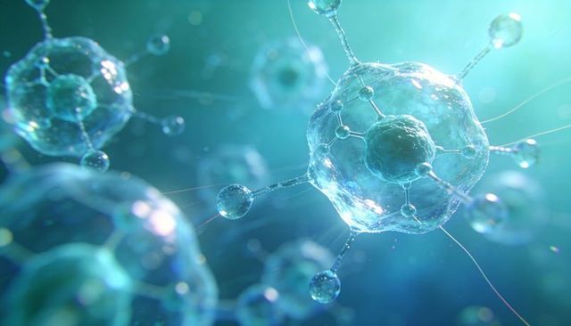 Luminescent molecular vesicles floating in aqua medium with translucent cores and filaments