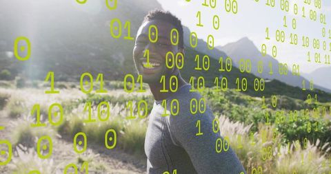 Runner Smiling Outdoors With Futuristic Digital Overlay