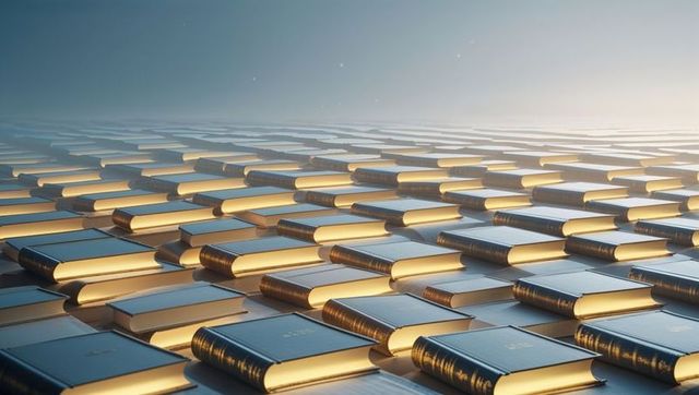 Infinite reflective grid of glowing hardcover books