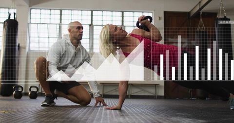 Trainer coaching woman performing kettlebell side plank for core strength and balance