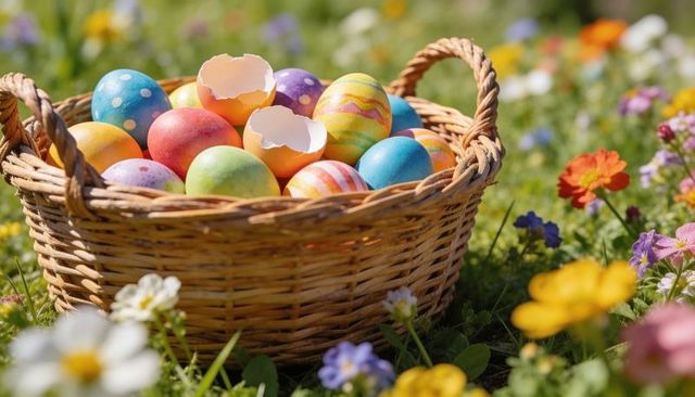 Bright easter basket overflowing with colorful painted eggs in spring meadow