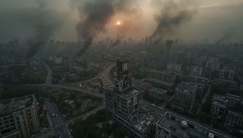 Desolate Urban Wasteland with Ruined Clock Tower and Rising Smoke