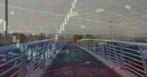 running on bridge with digital financial data overlay - Download Free Stock Images Pikwizard.com
