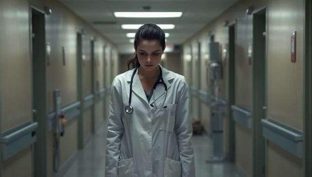 Professional female doctor walking down hospital corridor