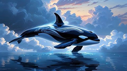 Tribal marking orca breaching in serene ocean at sunset