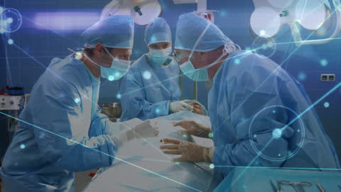 Surgeons in Operating Room with Futuristic Data Overlay