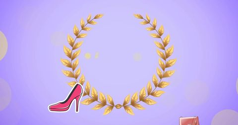 Golden laurel wreath with fashion elements on purple background