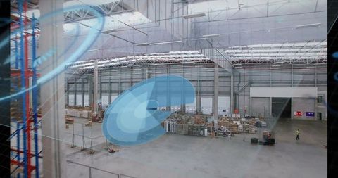 Augmented reality overlay highlighting pallet layout in warehouse with rotating hud