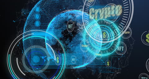 Futuristic Digital Finance Symbols Orbiting Earth
