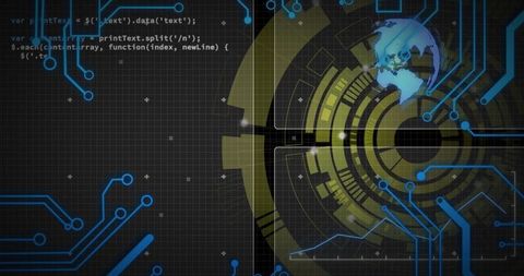 Futuristic technology interface with globe and coding elements