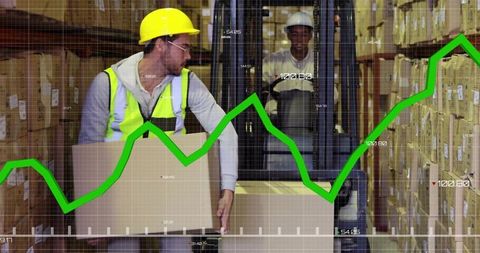 Warehouse Workers Ensuring Efficiency with Box Transport and Growth Trends Overlay