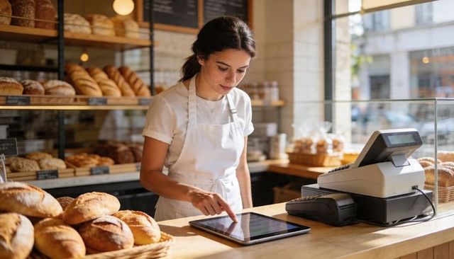 Young baker using tablet at wooden counter with artisan loaves and point-of-sale system
