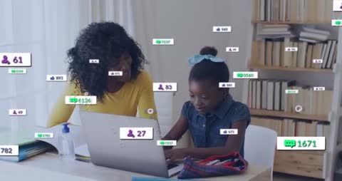 Daughter typing on laptop while mother guiding with floating social media metrics overlay