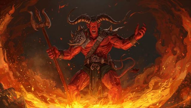 Fiery horned demon roaring with trident in mythical underworld