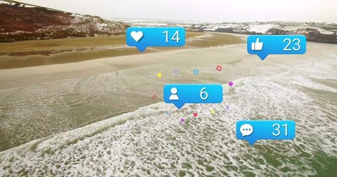 Social Media Interaction Over Scenic Snowy Coastline