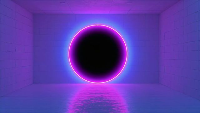 Neon halo ring casting magenta and cyan glow over reflective glossy chamber featuring black void