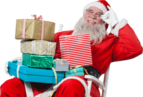 Cheerful Transparent Santa Claus Holding Christmas Presents in Red Suit