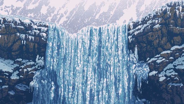 Pixel-art frozen waterfall cascading over rugged snow-covered cliffs under pale winter sky