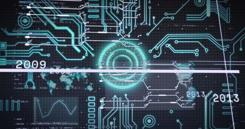 Glowing cyber hud interface scanning timeline with circuit traces and digital map