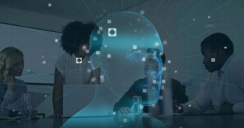 Projecting Holographic AI Head Over Boardroom While Team Collaborating on Data Analytics