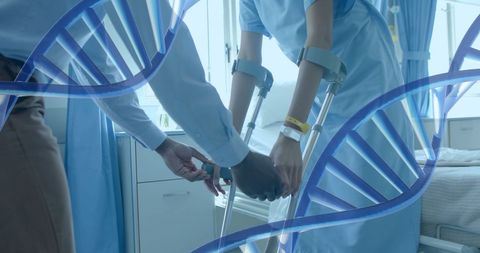Healthcare Professional Assisting Patient with Crutches in Hospital