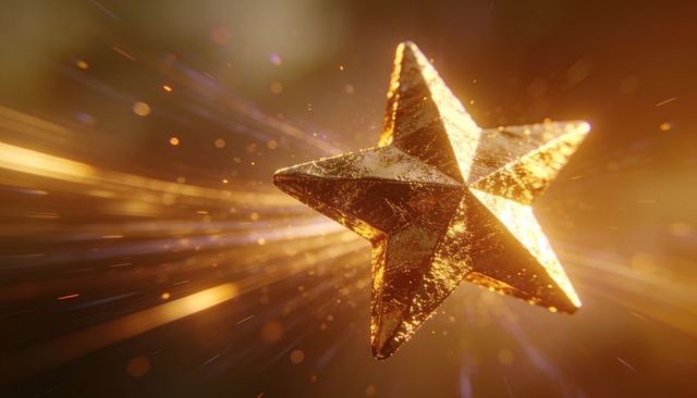 Shining golden faceted star shooting through glittering light trails and sparkling dust