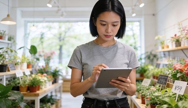 Retail staff checking inventory on tablet in bright plant boutique with potted greenery