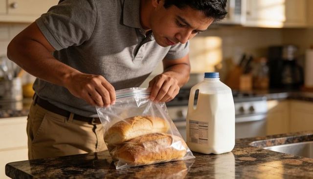 Man sealing resealable bag of fresh bread on granite countertop next to milk jug in sunlit kitchen