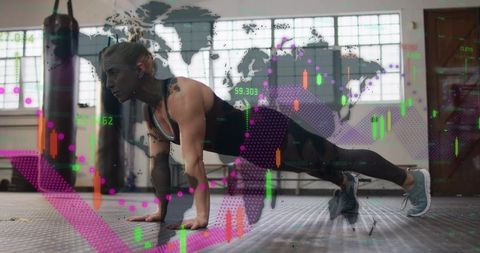 Female athlete holding high plank with fitness data overlay and world map
