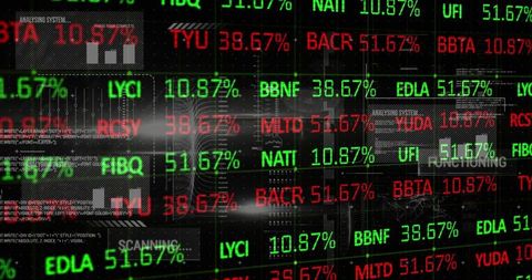 Futuristic stock market interface with ticker symbols and percentages