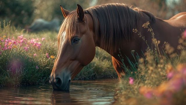 Serene Chestnut Horse Drinking in Floral Meadow