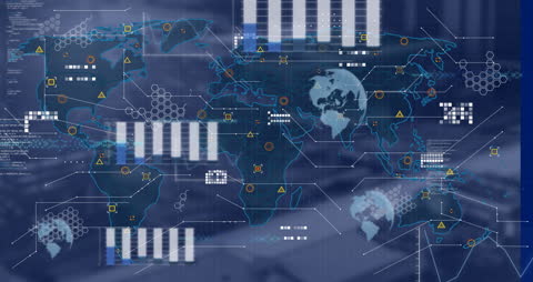 Global Data Processing Digital Interface with World Map Overlay