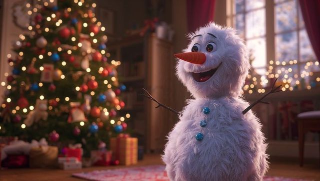 Festive Fluffy Snowman in Cozy Living Room with Christmas Tree