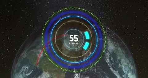 Futuristic orbital hud displaying 55 percent progress over earth with telemetry overlay