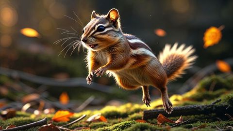 Striped chipmunk leaping through enchanting forest floor