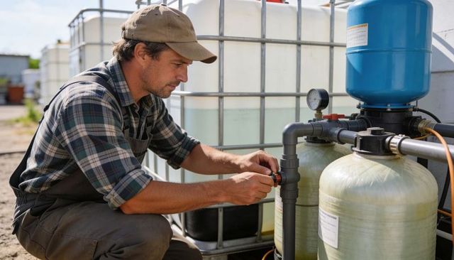 Technician adjusting outdoor water filtration valve while kneeling beside pressure tanks