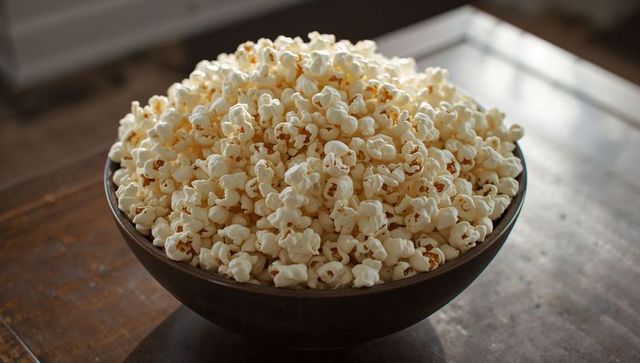 Overflowing bowl of salted popcorn on rustic wooden table for cozy movie night