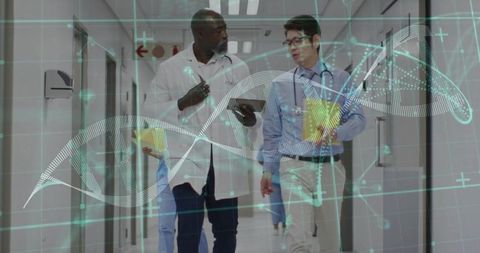 Medical team reviewing data with dna hologram in hospital