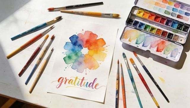 Creating watercolor gratitude wreath with rainbow palette and brushes in warm sunlight