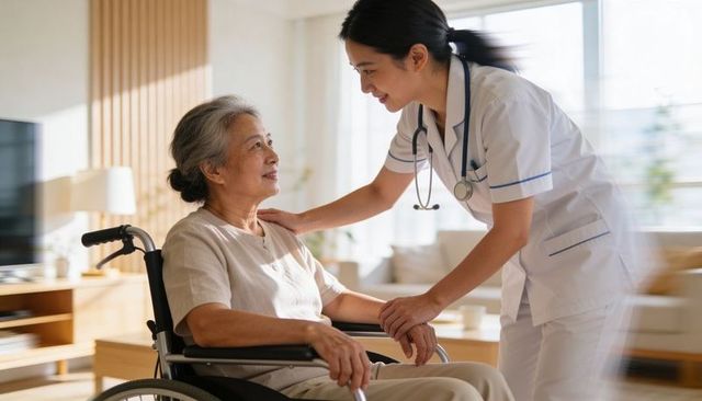 Nurse comforting senior woman in wheelchair during sunlit homecare visit