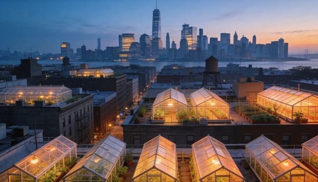 Rooftop greenhouses lighting urban farms at dusk with city skyline waterfront glow