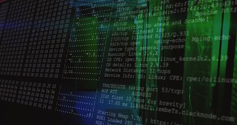Displaying nmap scan overlay with traceroute and hex dump over data center server rack