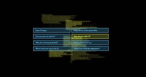 Neon Cyber UI Menu with Highlighted Selector and Blurred Code Terminal Glow