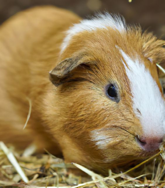 Close-up of a brown guinea pig with a white patch of fur resting on straw bedding. This image is perfect for pet-related content, educational materials, or animal care blogs. It's ideal for use in marketing campaigns for pet supplies or for portraying a warm, domestic atmosphere.