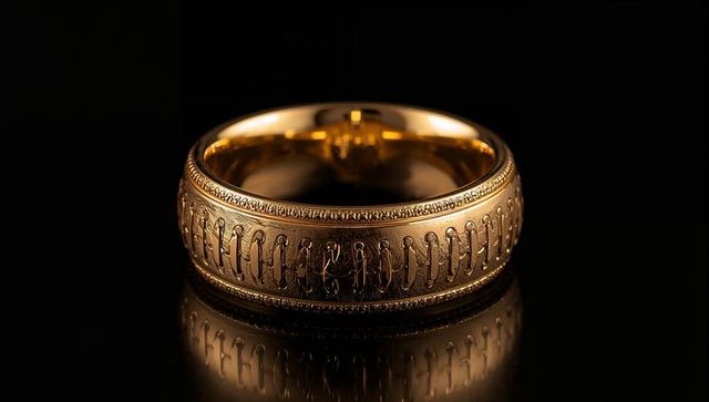 Ornate engraved gold band with milgrain border on reflective black surface