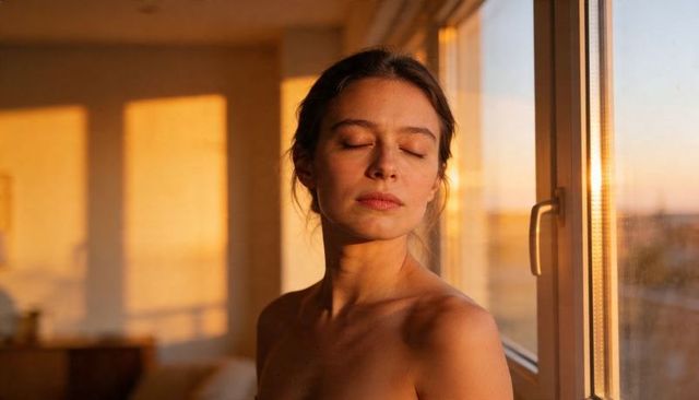 Bare-shouldered woman basking in golden hour sunlight through window, serene portrait
