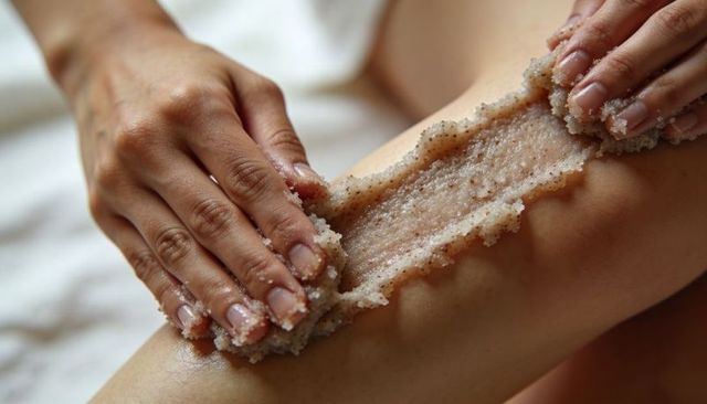 Hands spreading sugar body scrub on leg during spa exfoliation and moisturizing ritual