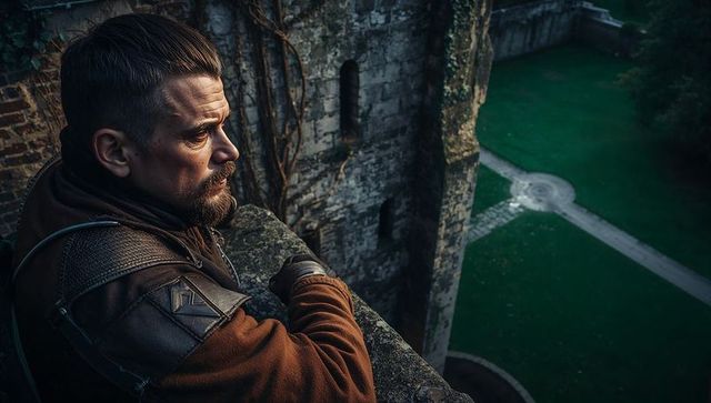 Medieval Guard in Leather Armor Observing Castle Courtyard